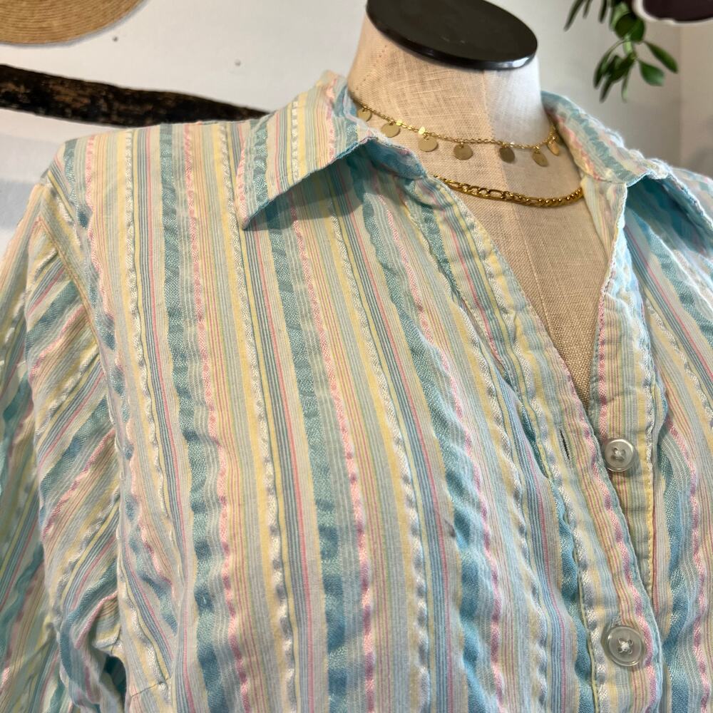 Y2K Cotton Blue Pastel Textured Vertical Striped Button Front Shirt Size 3X